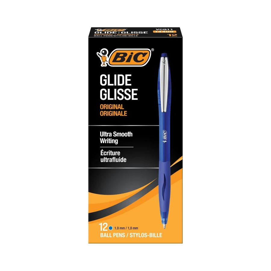 BIC Glide Original Ultra-Smooth and Comfortable Grip Ballpoint Pen, 12-Count in Blue Ink