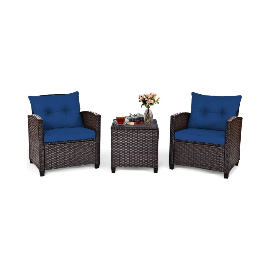 DORTALA 3 Pieces Patio Furniture Set, Outdoor Wicker Rattan Conversation Sofa Set with Cushion, Tempered Glass Top Table for Backyard Porch Garden Poolside Balcony, Navy