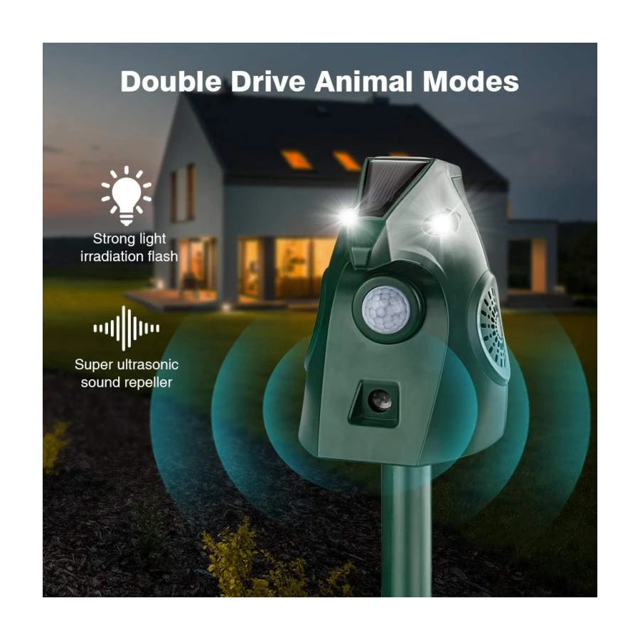 Solar Powered Animal Deterent, Ultrasonic Animal Control Device with Motion Sensor and FIashing Light, Waterproof Outdoor Animal Repellent for Deer Squirrel Raccoon Cat Bobcats, Frequency 18kHZ
