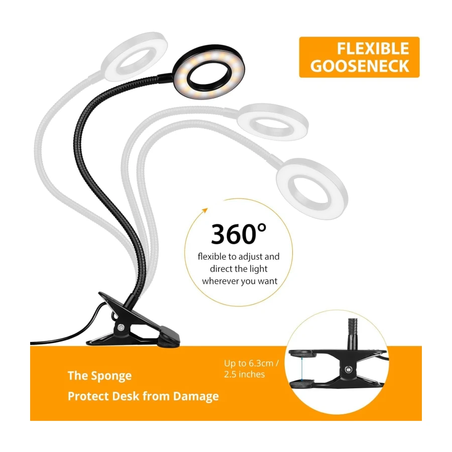 iVict Desk Lamp, Eye Protection Clip on Ring Light, 48 LEDs USB Clip Light with 3 Color Modes
