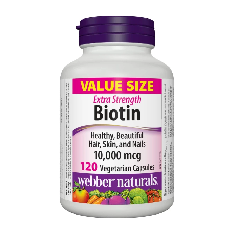 Webber Naturals Biotin Extra Strength, 10,000 mcg of Biotin Per Capsule, 120 Capsules