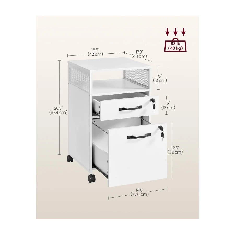VASAGLE File Cabinet, Mobile Filing Cabinet with Wheels, 2 Lockable Drawers, Open Shelf