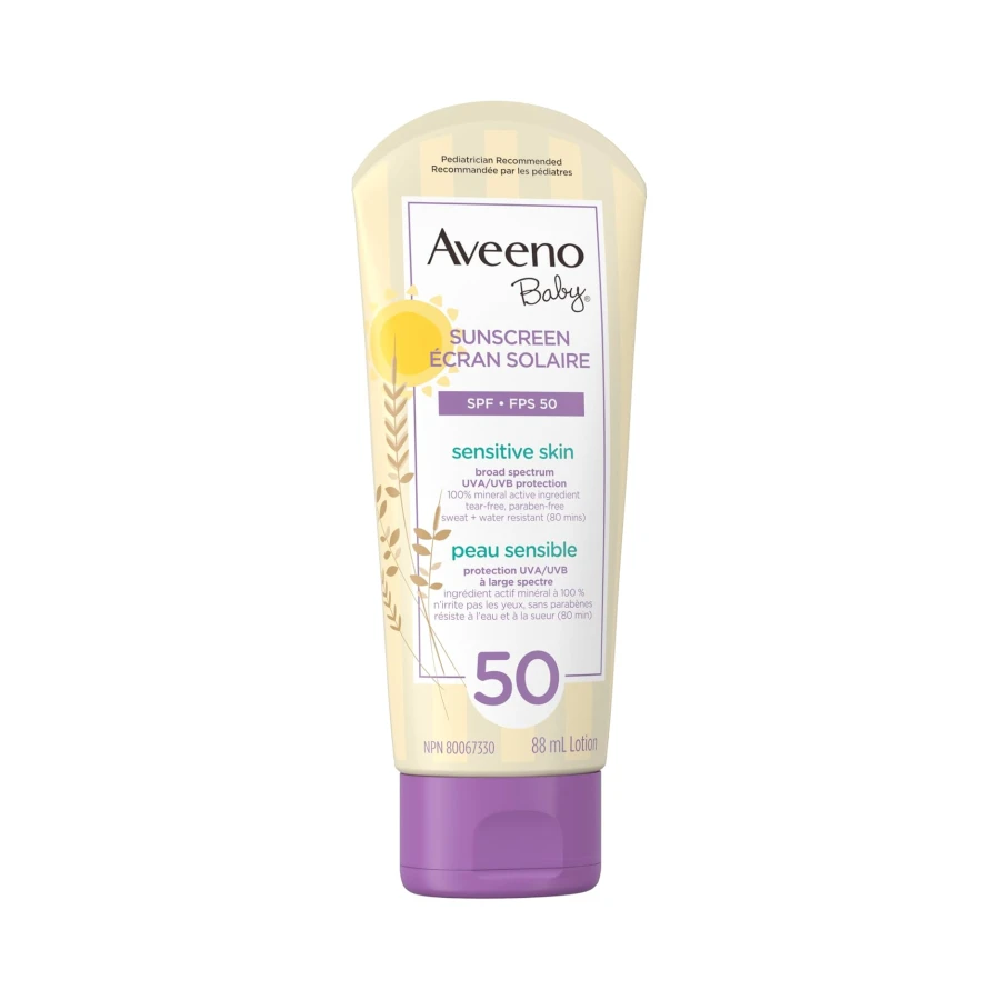 Aveeno Baby Mineral Sunscreen Lotion SPF 50-100% Naturally Sourced Zinc Oxide for Sensitive Skin - Water Resistant - 88 mL