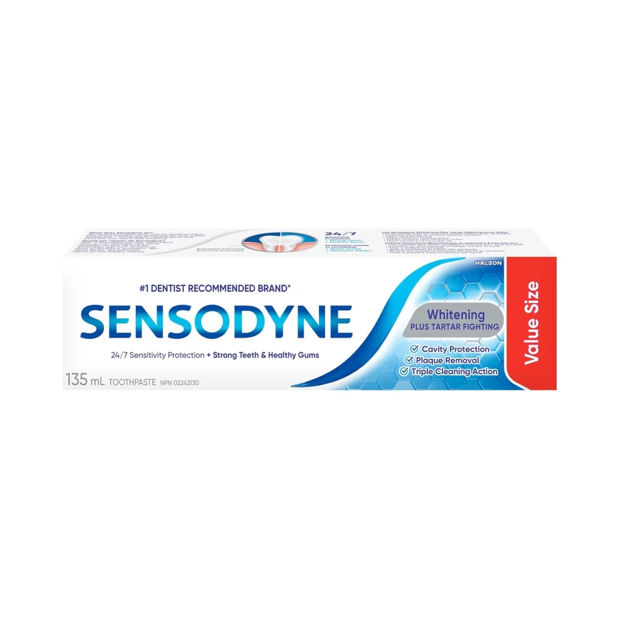 Sensodyne Whitening & Tartar toothpaste, Strengthens Protects and Whitens Sensitive Teeth, 135 mL (Packaging May Vary)