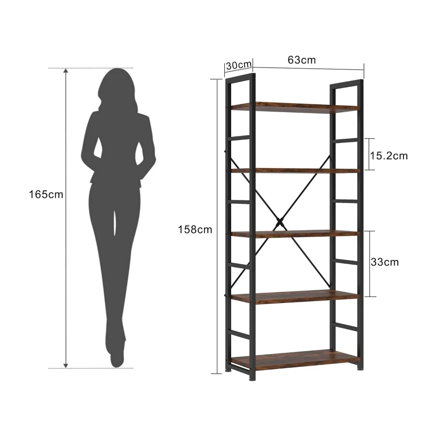 VERMESS Industrial Bookshelf, 5-Tier 24inch Shelving Unit Wood Bookcase with Open Shelves
