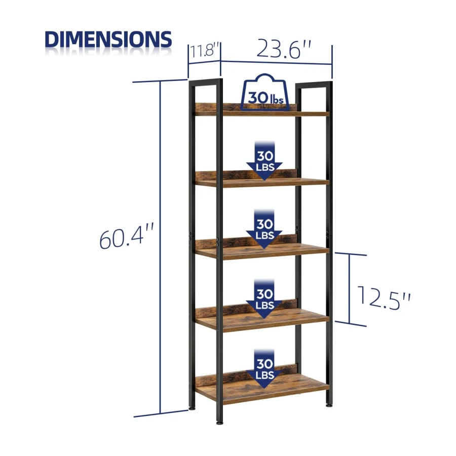 NUMENN Bookshelf, 5 Tier Freestanding Shelving Unit, Vintage | Metal Frame & Wood Shelves