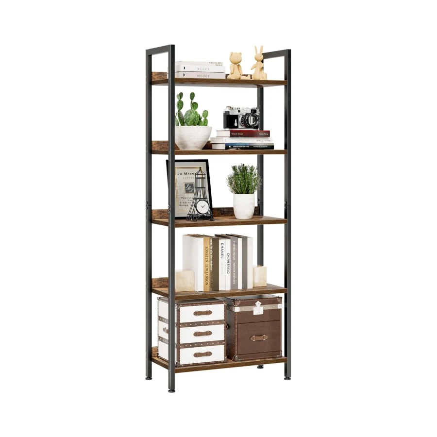 NUMENN Bookshelf, 5 Tier Freestanding Shelving Unit, Vintage | Metal Frame & Wood Shelves