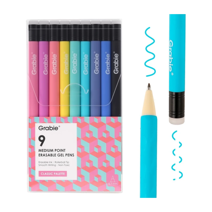 Grabie Erasable Gel Pens, 9 Medium Point 0.7 mm Pens