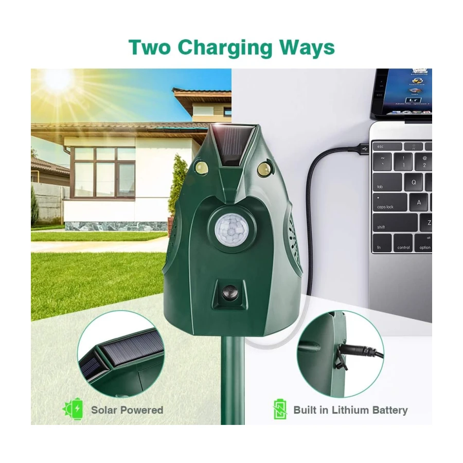 Solar Powered Animal Deterent, Ultrasonic Animal Control Device with Motion Sensor and FIashing Light, Waterproof Outdoor Animal Repellent for Deer Squirrel Raccoon Cat Bobcats, Frequency 18kHZ