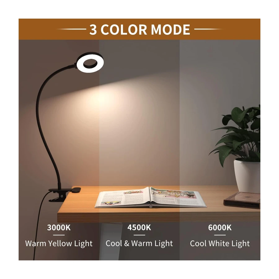 iZELL Desk Lamp, LED Reading Light with Clamp, 3 Color Modes