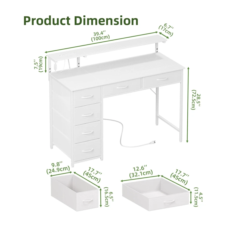 Somdot 39.4" Computer Desk with 6 Drawers, Small Home Office Desk, White