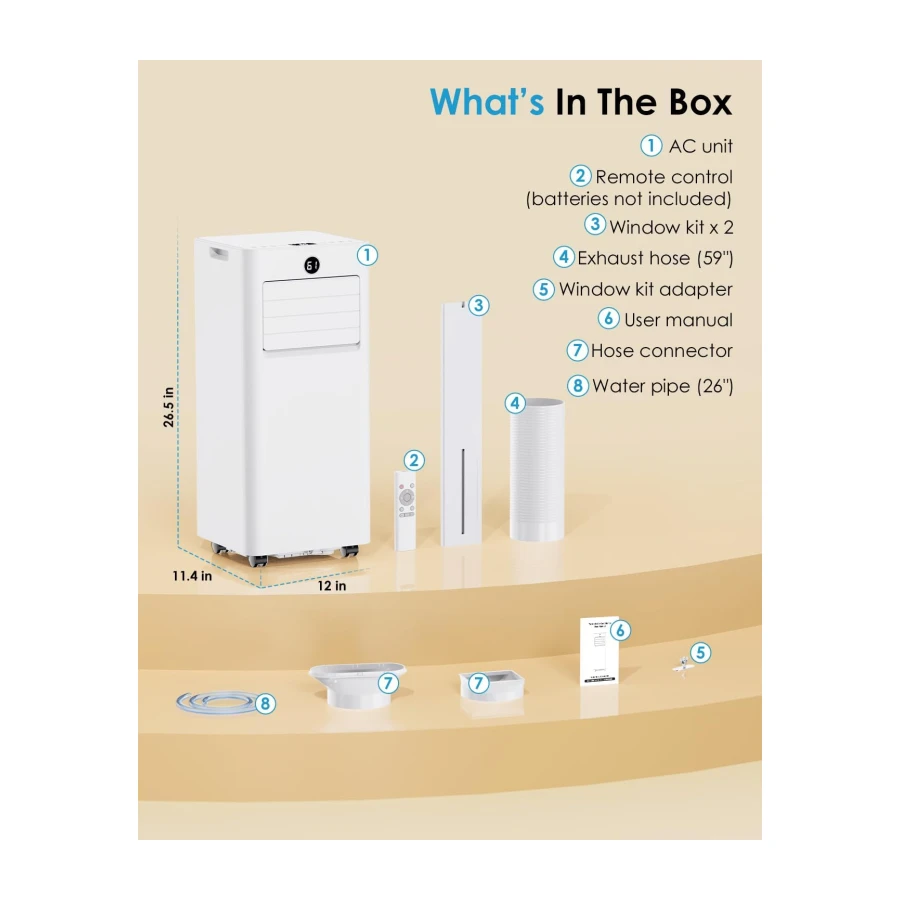 4-in-1 Portable Air Conditioner 8000 BTU, Air Conditioner Unit with Cooling Fan Dehumidifier Modes, Timer, LED Display, 2 Control Ways & Window Kit, Compact AC for Room, Office, Bedroom, Baseroom