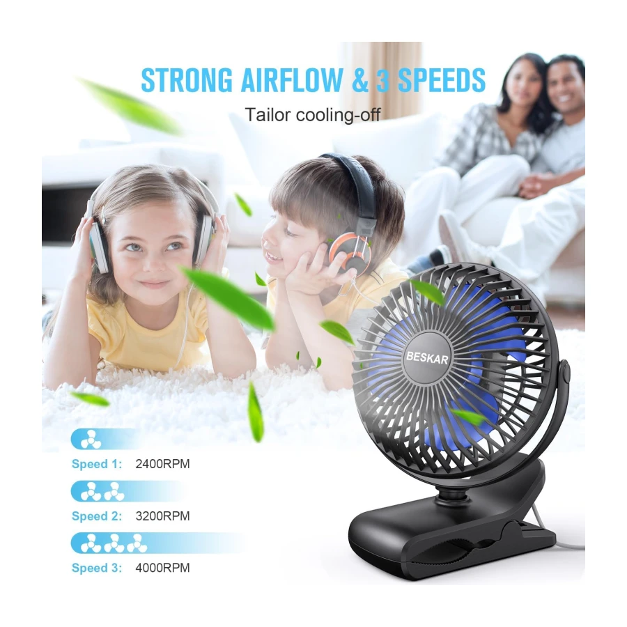 BESKAR USB Clip on Fan, Portable Small Desk Fan with Cord Powered | 3 Speeds Strong Airflow, Sturdy Clamp
