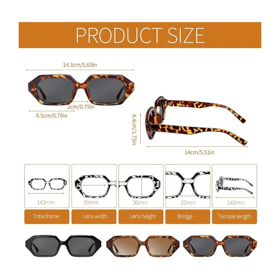 3 Pcs Retro Polarized Sunglasses for Women Men,Hexagon Trendy Rectangle 70s 80s 90s UV protection Sun Glasses