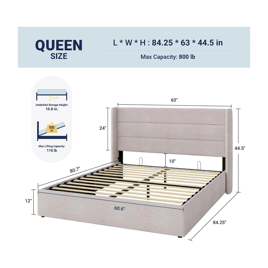 Allewie Queen Size Lift Up Hydraulic Storage Bed Frame Light Beige