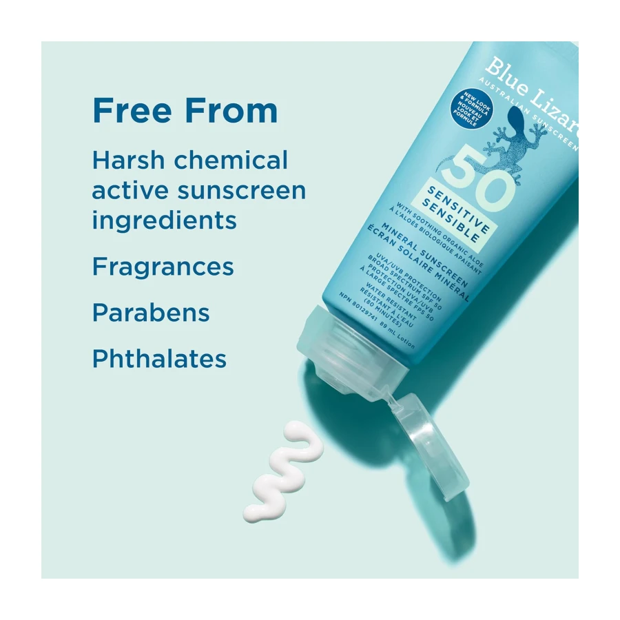 Blue Lizard Sensitive Mineral SPF 50 Sunscreen Lotion, 100% Mineral Sunscreen, UVA/UVB Protection, Infused with organic Aloe Vera, Soothes and Hydrates, 89 ml