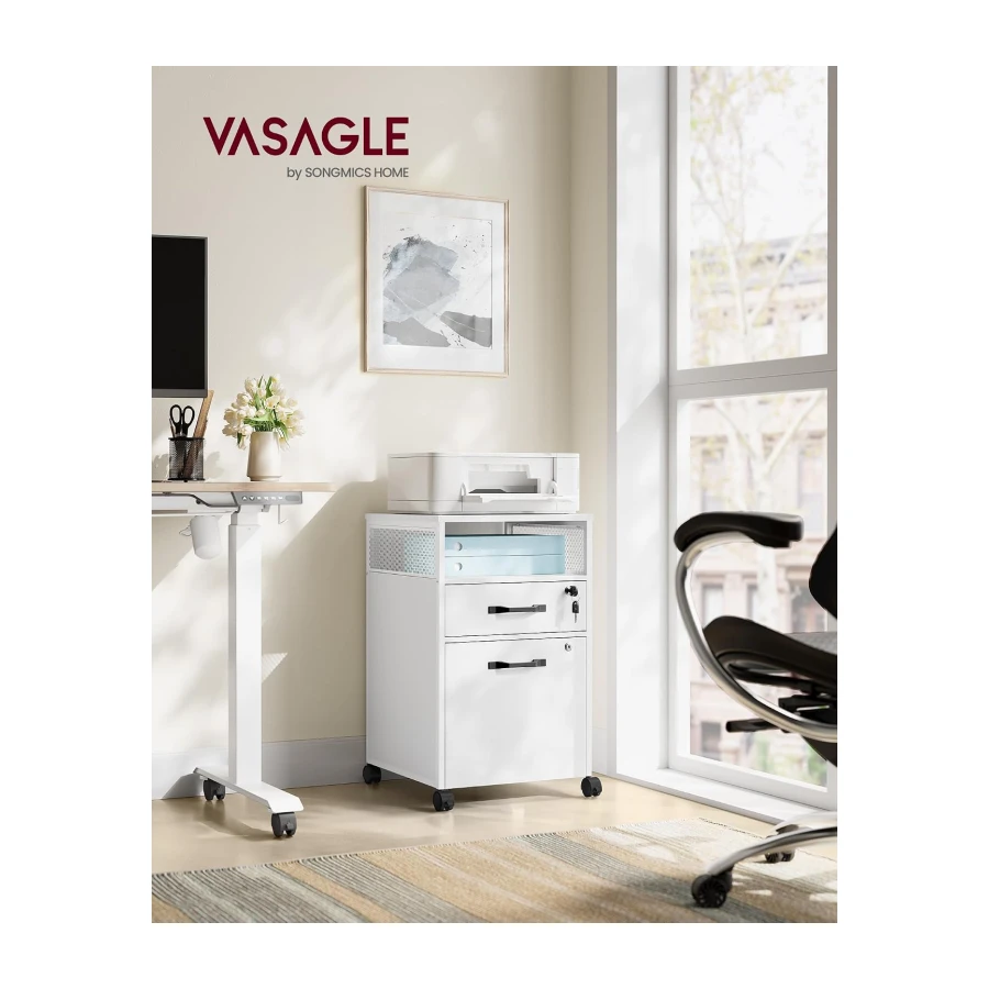 VASAGLE File Cabinet, Mobile Filing Cabinet with Wheels, 2 Lockable Drawers, Open Shelf