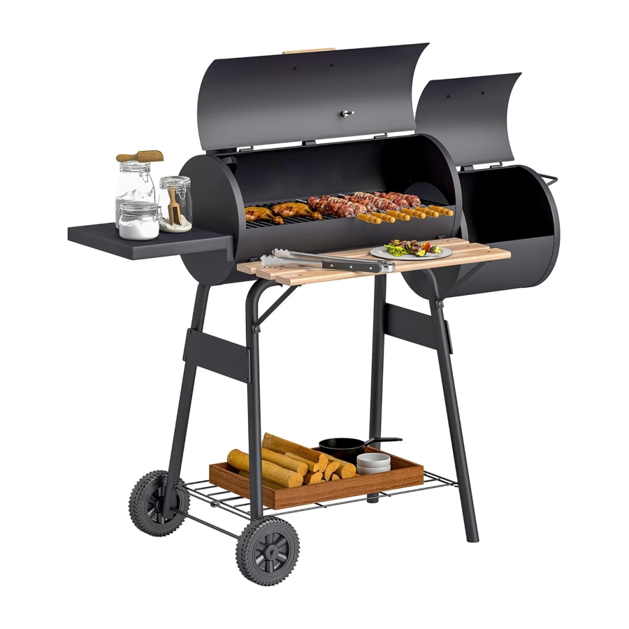 Outsunny 49" Charcoal BBQ Grill with Offset Smoker Portable Backyard Cooking Smoker Outdoor Camp Picnic Barbecue Cooker with Thermometer Wheels and Storage Shelves