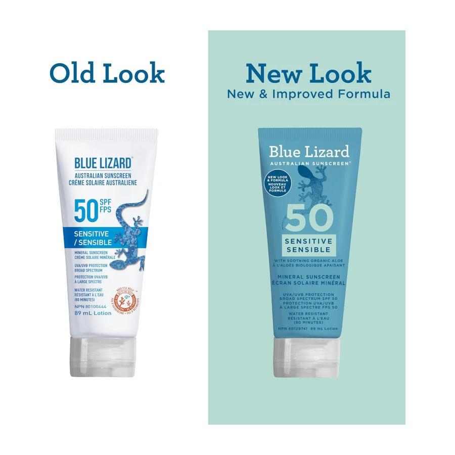 Blue Lizard Sensitive Mineral SPF 50 Sunscreen Lotion, 100% Mineral Sunscreen, UVA/UVB Protection, Infused with organic Aloe Vera, Soothes and Hydrates, 89 ml