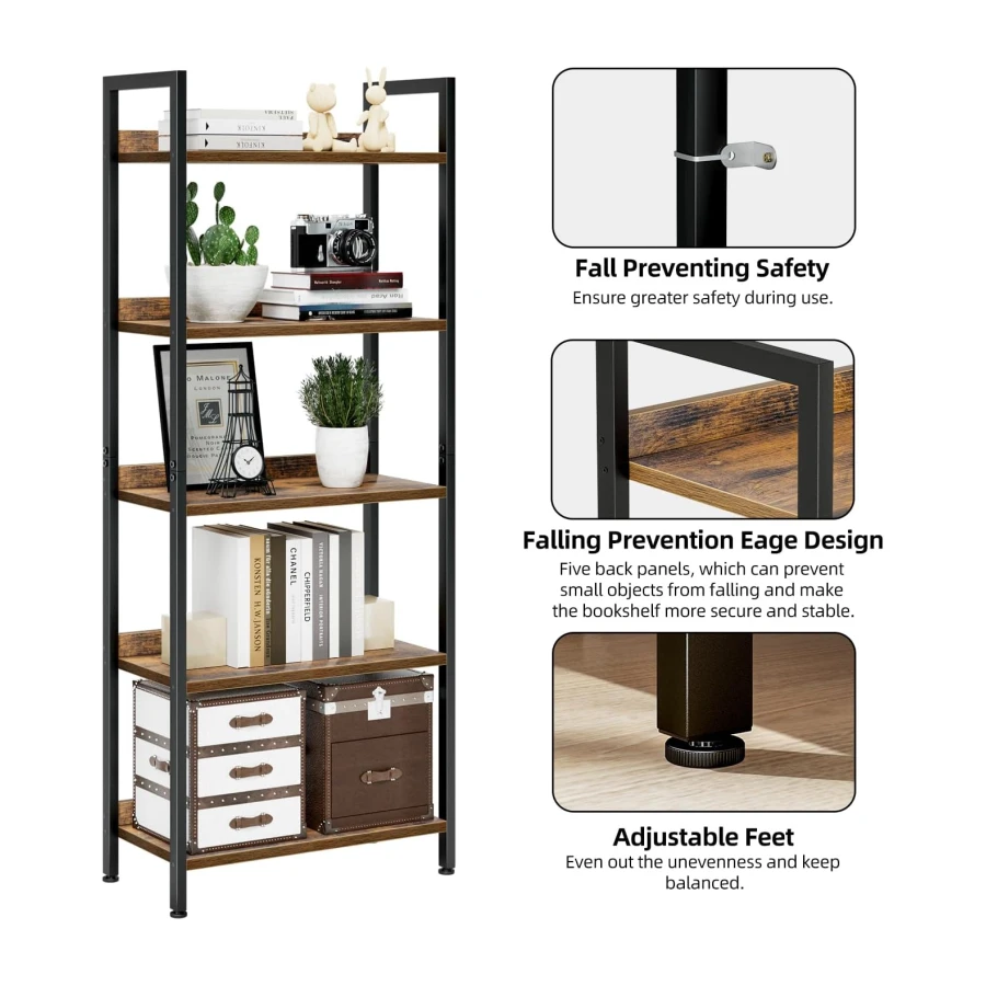 NUMENN Bookshelf, 5 Tier Freestanding Shelving Unit, Vintage | Metal Frame & Wood Shelves