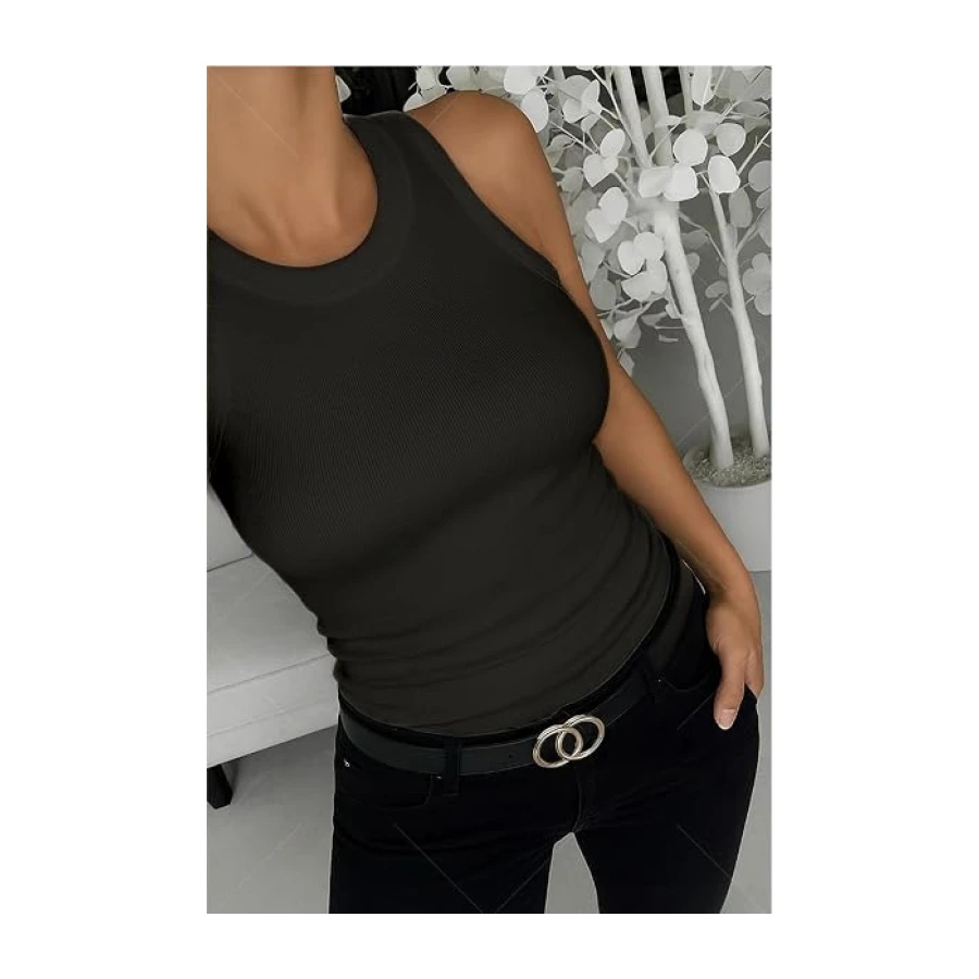Women Tank Tops Round Neck Sleeveless Cami Shirt Slim Solid Ribbed Tank Top