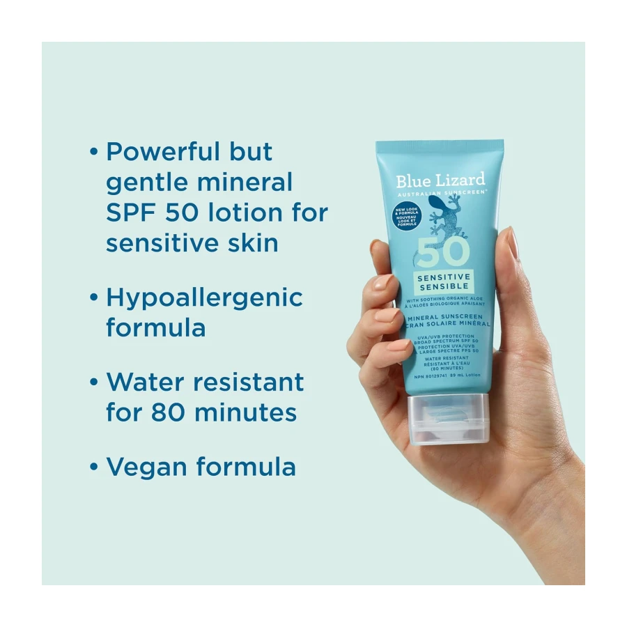 Blue Lizard Sensitive Mineral SPF 50 Sunscreen Lotion, 100% Mineral Sunscreen, UVA/UVB Protection, Infused with organic Aloe Vera, Soothes and Hydrates, 89 ml