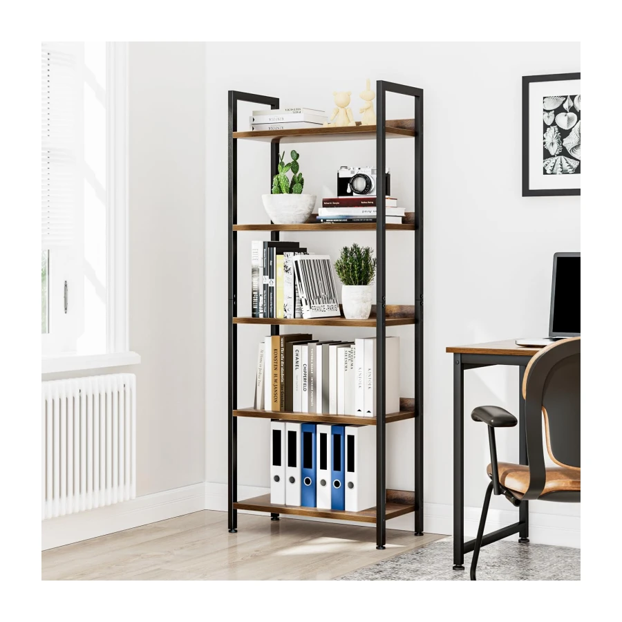 NUMENN Bookshelf, 5 Tier Freestanding Shelving Unit, Vintage | Metal Frame & Wood Shelves