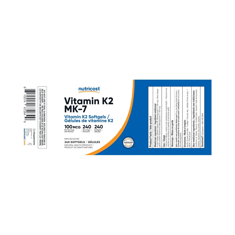 Nutricost Vitamin K2 MK-7 (100mcg) 240 Softgels - Vitamin K2 Softgels