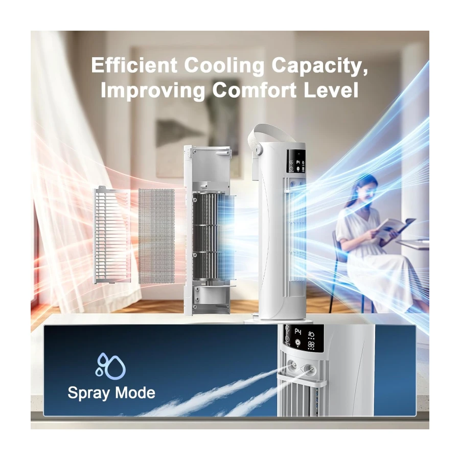 Portable Air Conditioner, 120 °rotating tower fan,Portable AC for 3 wind speeds, Storm mode, 8H timing, Evaporative Air Cooler with remote control,750ML water tank, spray, cooling fan for home - white