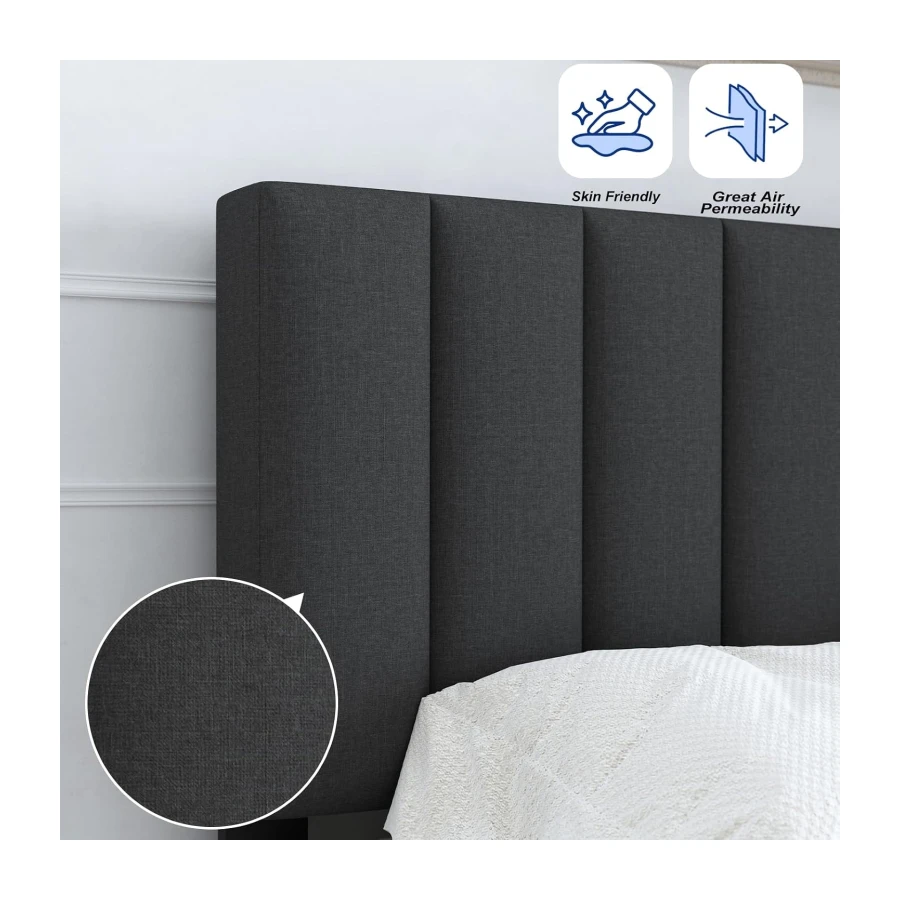 Lukace Queen Bed Frame with Upholstered Headboard Wood Slat Support Gray