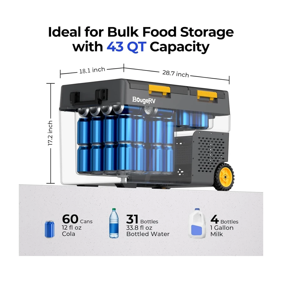 BougeRV 12 Volt Car Refrigerator, CRD2 V2.0 43 Quart Portable Fridge Freezer, -4℉ to 68℉ Dual Zone Compressor Electric Cooler 12/24V DC, 110~240V AC for Overlanding, Camping, RV, Truck(2026 Version)