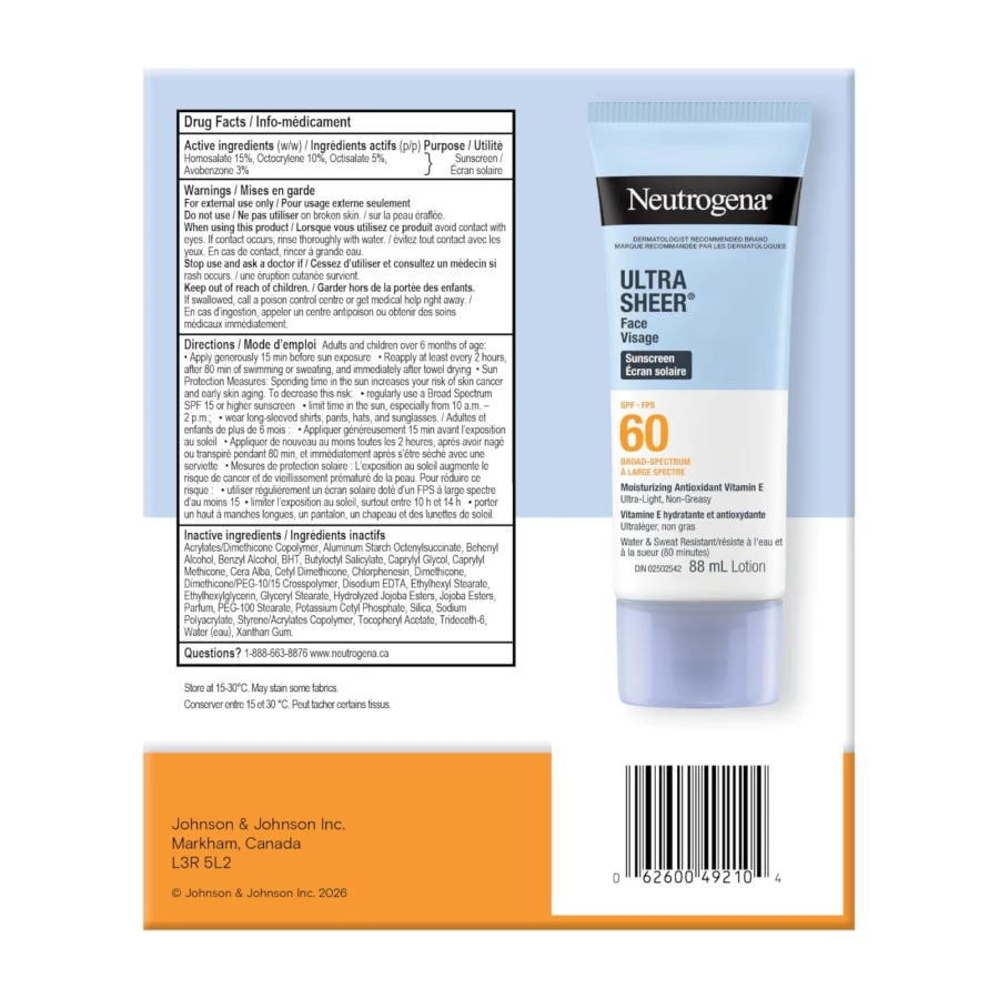 Neutrogena Ultra Sheer Face Sunscreen SPF 60, non-greasy, lightweight, 88 mL (Twin Pack)