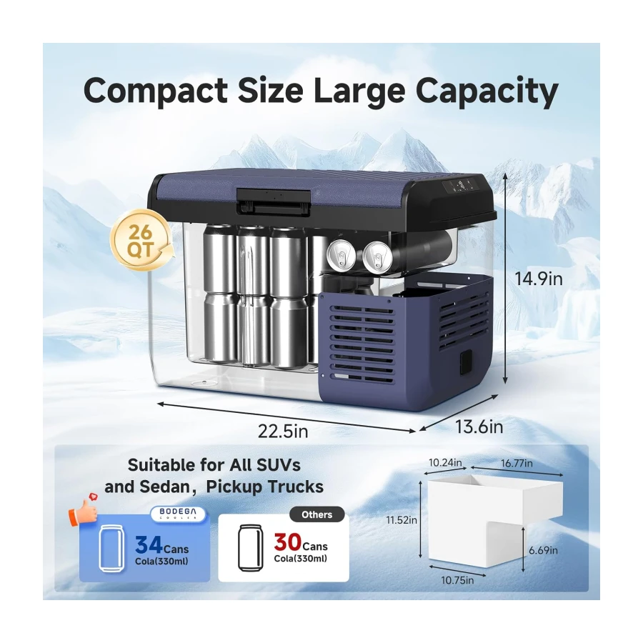 BODEGA 12 volt Car Refrigerator - 26QT Portable Freezer IPX4 Waterproof Car Fridge Electric Cooler Ultra-Quiet for Truck Van Camping Travel 12/24V DC 110~240 Volt AC,-4℉~68℉