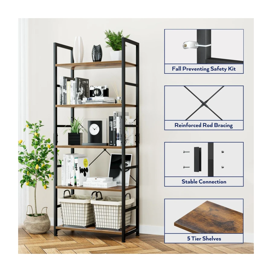NUMENN 5 Tier Bookshelf, Tall Freestanding Open Storage Bookcase, Vintage