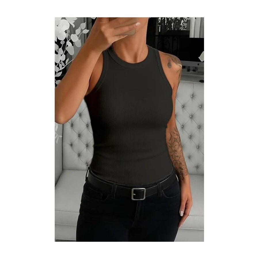 Women Tank Tops Round Neck Sleeveless Cami Shirt Slim Solid Ribbed Tank Top