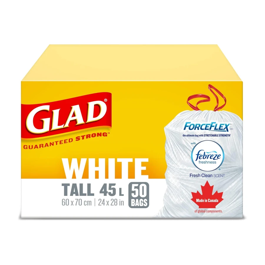 Glad White Garbage Bags - Tall 45 Litres - ForceFlex, Drawstring, with Febreze Fresh Clean Scent, 50 Trash Bags