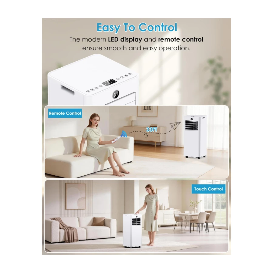 4-in-1 Portable Air Conditioner 8000 BTU, Air Conditioner Unit with Cooling Fan Dehumidifier Modes, Timer, LED Display, 2 Control Ways & Window Kit, Compact AC for Room, Office, Bedroom, Baseroom