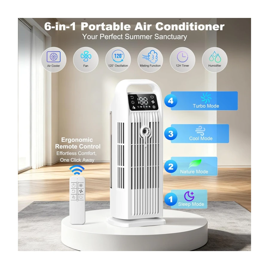 Portable Air Cooler, 4 in 1 Air Conditioner 1200ML Evaporative Air Cooler with Remote Control, 120° Oscillating 4 Speeds 12H Timer Mist Spray Tower Fan for Home Office（White）