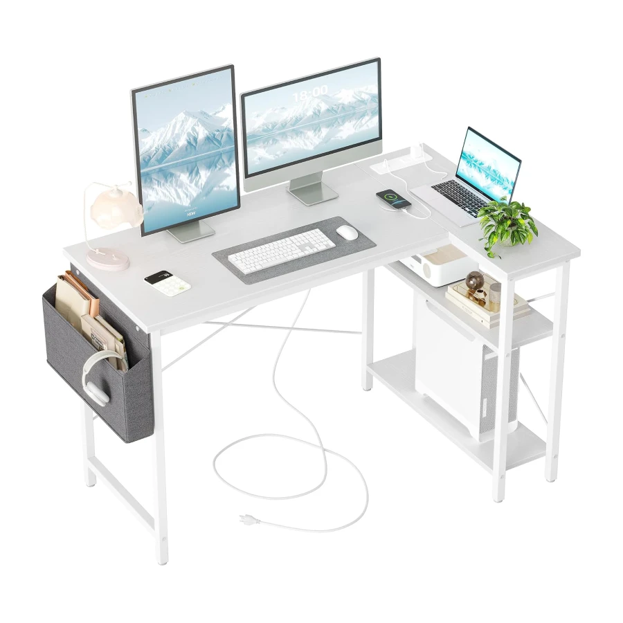BEXEVUE Computer Desk with Power Outlets, 47 Inch L Shaped Desk with Reversible Shelves