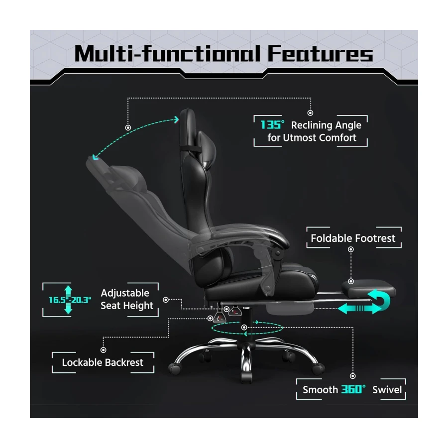 Yaheetech Gaming Chair with Massage Lumbar Support & Footrest, Full Black
