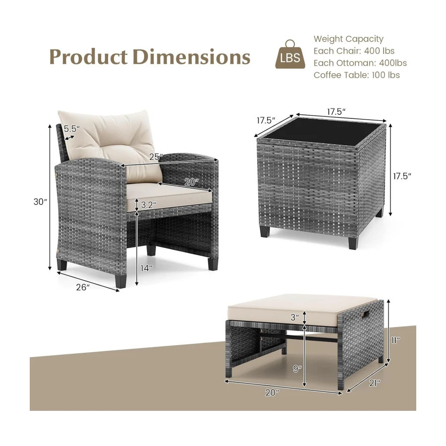 Tangkula 5 Pieces Patio Conversation Set, PE Wicker Rattan Outdoor Furniture Set with 2 Chairs, 2 Ottomans & Tempered Glass Coffee Table, Ideal for Poolside, Backyard, Lawn, Deck, Mix Grey & Off White