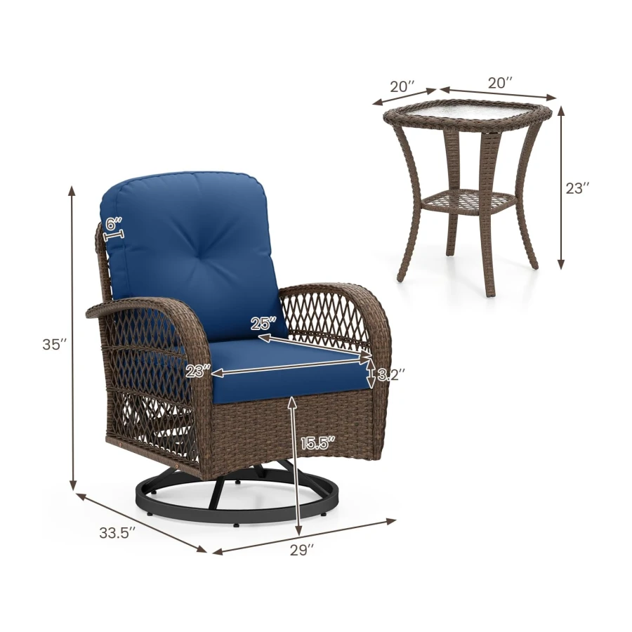 ORALNER 3 Pieces Wicker 360° Swivel Rocker Set Patio Furniture, Rocking Chairs with Cushions, Tempered Glass Coffee Table, Outdoor Rattan Bistro Set for Balcony Front Porch Deck Poolside (Navy)
