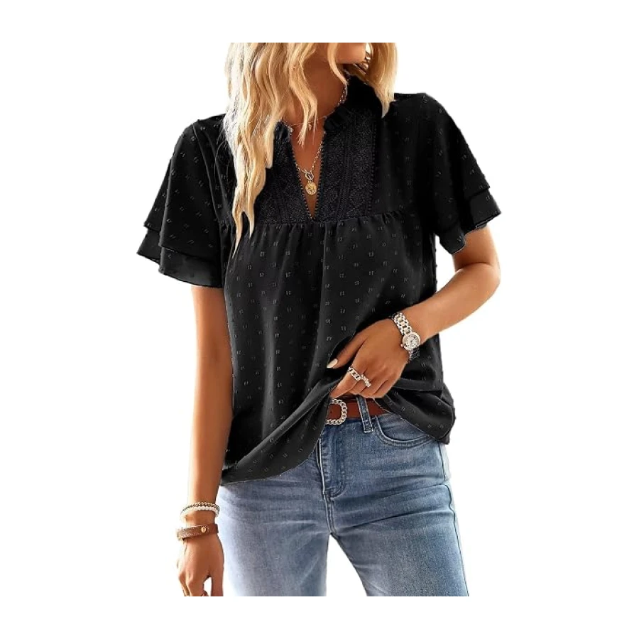Falechay Womens Tops Butterfly Sleeve V Neck Blouses for Women Dressy Casual Flowy Swiss Dot Ruffle Short Sleeve Shirts