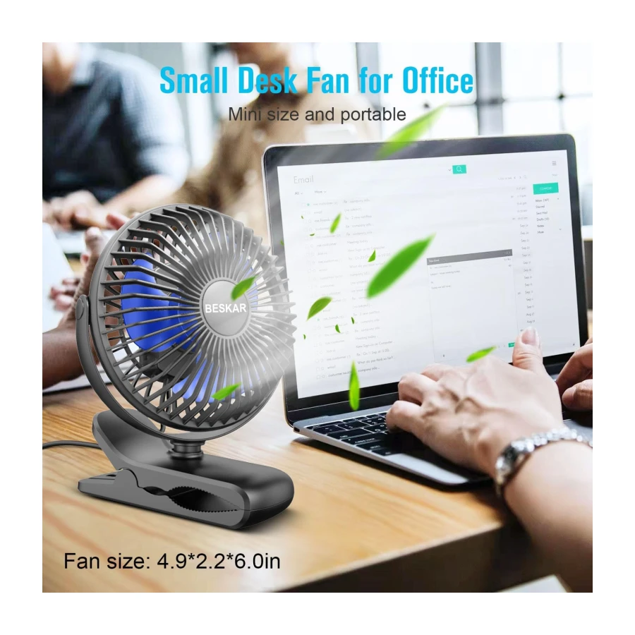 BESKAR USB Clip on Fan, Portable Small Desk Fan with Cord Powered | 3 Speeds Strong Airflow, Sturdy Clamp