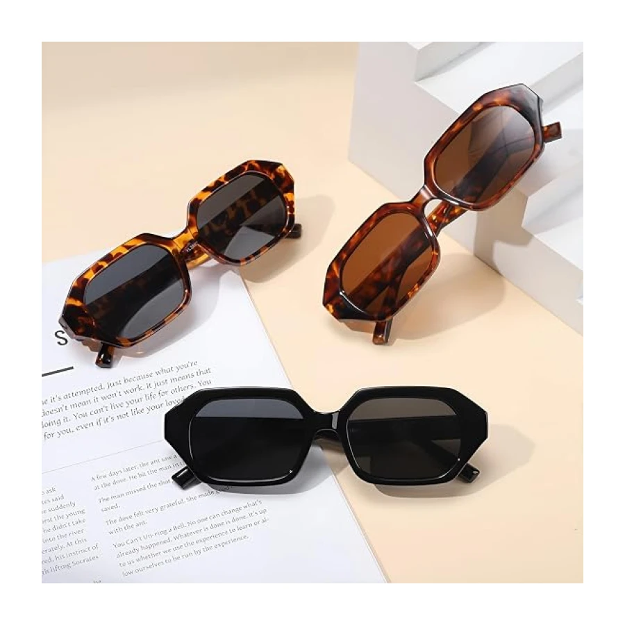 3 Pcs Retro Polarized Sunglasses for Women Men,Hexagon Trendy Rectangle 70s 80s 90s UV protection Sun Glasses