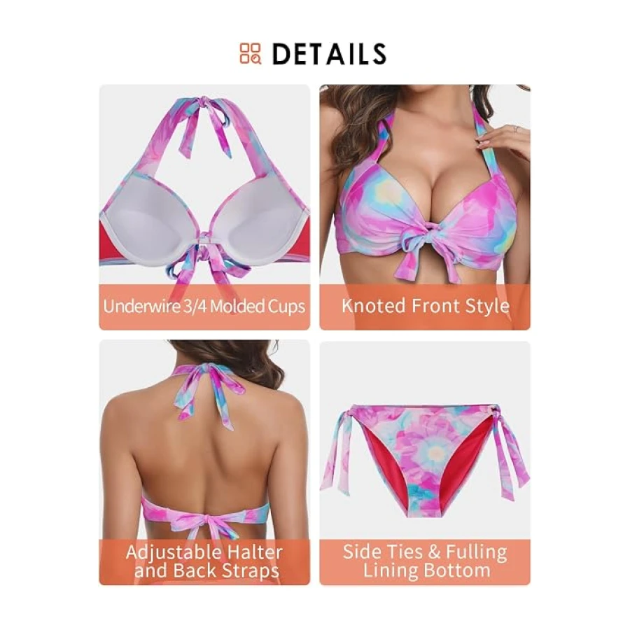 Colloyes Women’s Two Piece Bikini Sets Push Up Halter Bikini Bathing Suit Adjustable 2 Piece Swimsuit