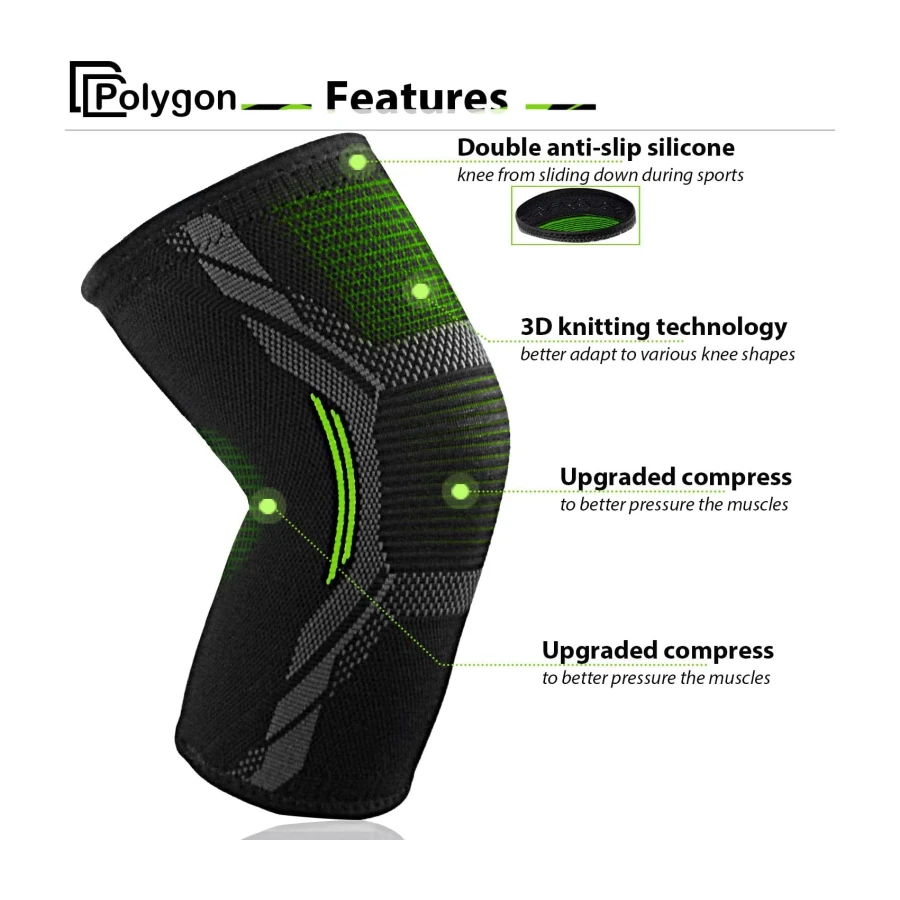 Polygon Knee Support Brace 2 Pack, Knee Compression Sleeve for Running, Arthritis, ACL, Meniscus Tear, Sports