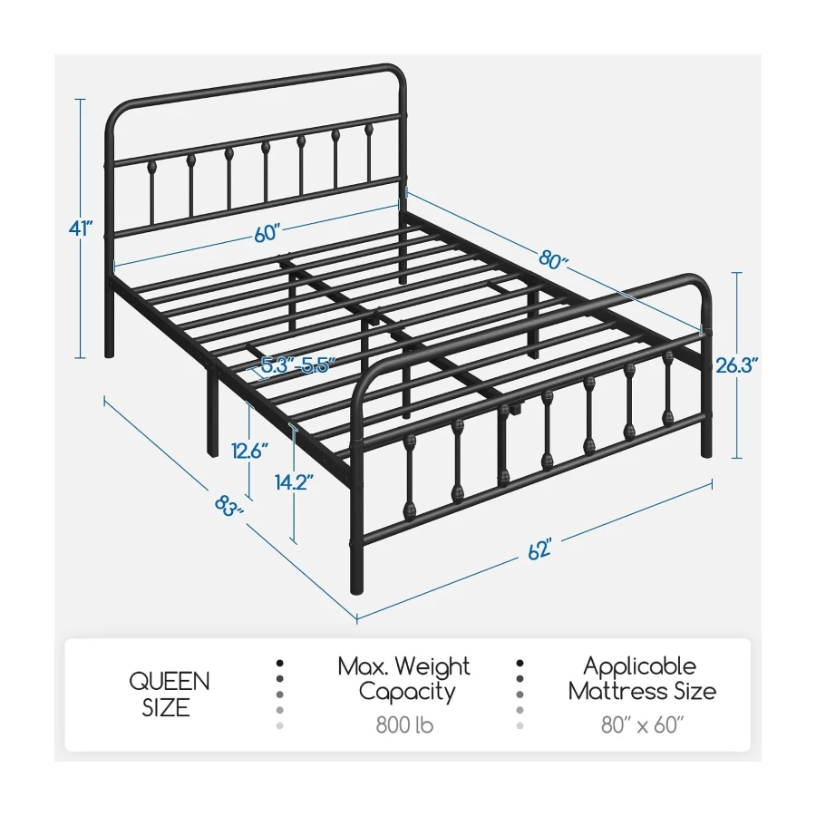 Yaheetech Classic Metal Bed Frame Queen Size Black Easy Assembly