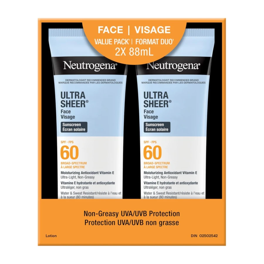 Neutrogena Ultra Sheer Face Sunscreen SPF 60, non-greasy, lightweight, 88 mL (Twin Pack)