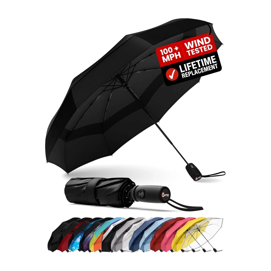 Repel Windproof Travel Umbrella - Compact & Withstands Winds up to 100MPH, Strongest Premium Auto Folding Umbrella for Rain and Sun
